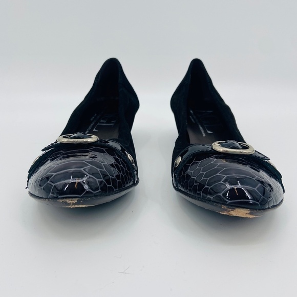 AGL ATTILIO GIUSTI LEOMBRUNI Black Leather Snakeskin Cap Toe Low Wedge Shoes - Picture 6 of 10